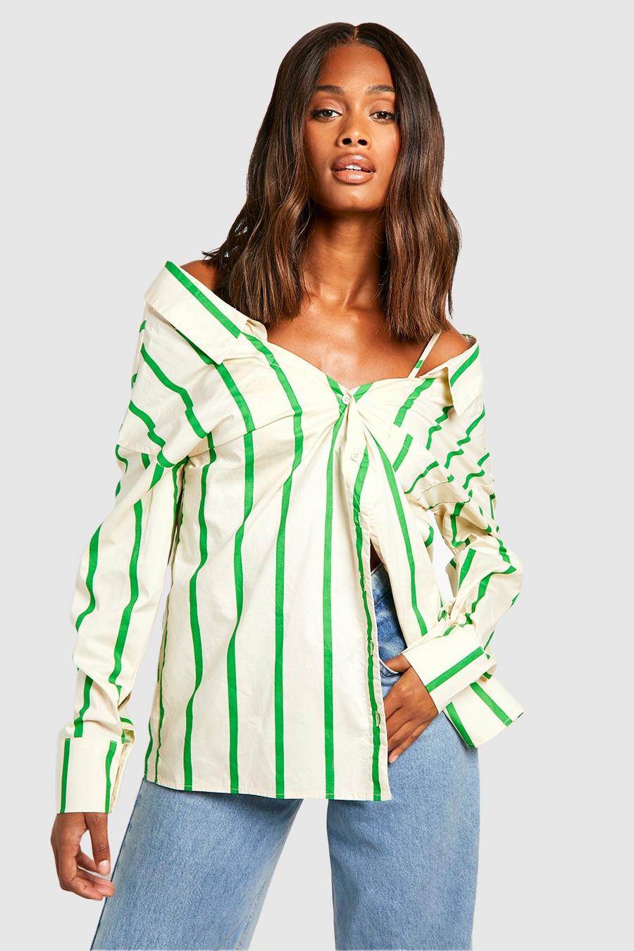 Green Stripe Col Shoulder Oversized Shirt 
