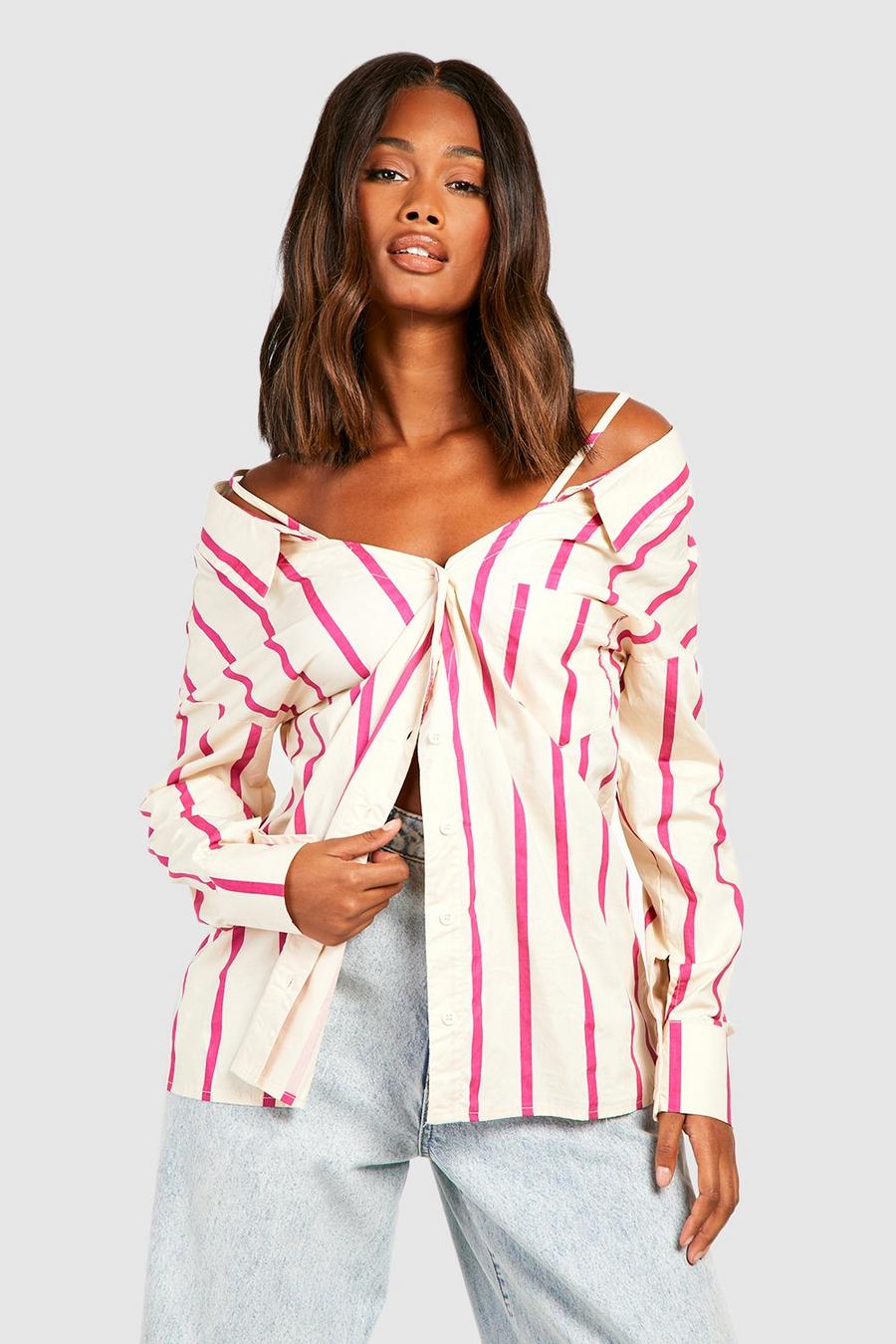 Pink Stripe Col Shoulder Oversized Shirt 