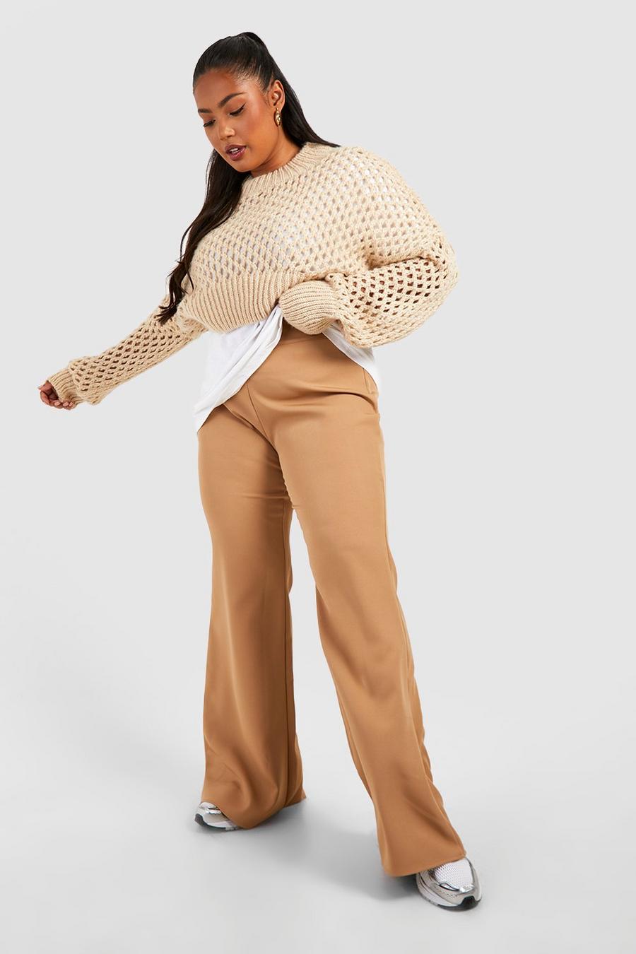 Taupe Plus Woven Deep Waistband Tailored Pants