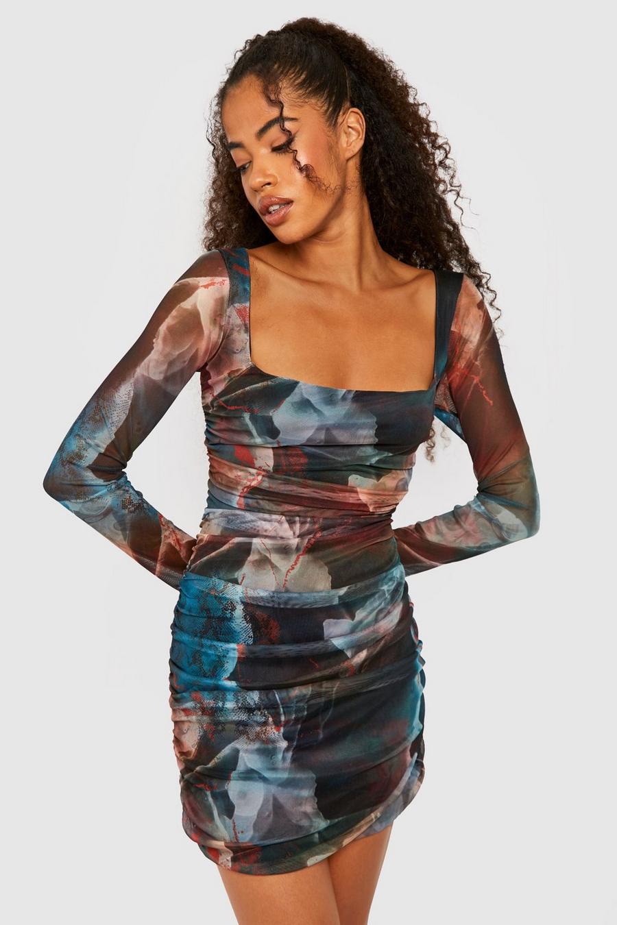 Gerafftes Mesh Bodycon-Kleid mit abstraktem Print und geradem Ausschnitt, Multi