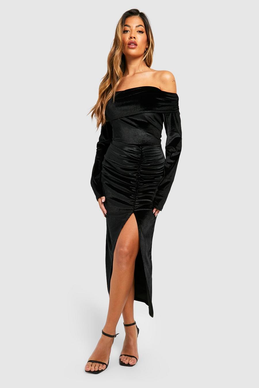 Black Velvet Off The Shoulder Bodycon Midi Dress