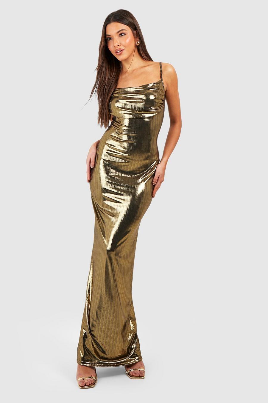 Vestido maxi metálico plisado, Gold