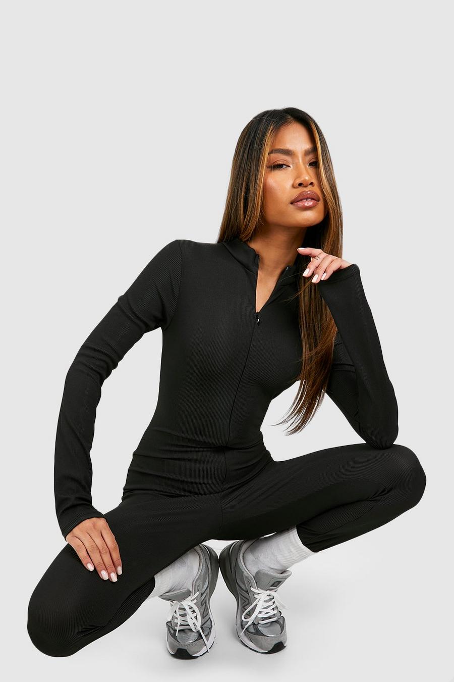 Gerippter Basic Skinny Jumpsuit mit Reißverschluss, Black