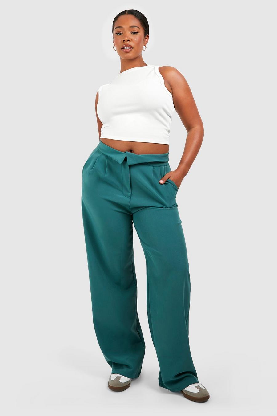 Emerald Plus Woven Fold Over Detail Wide Leg Trousers