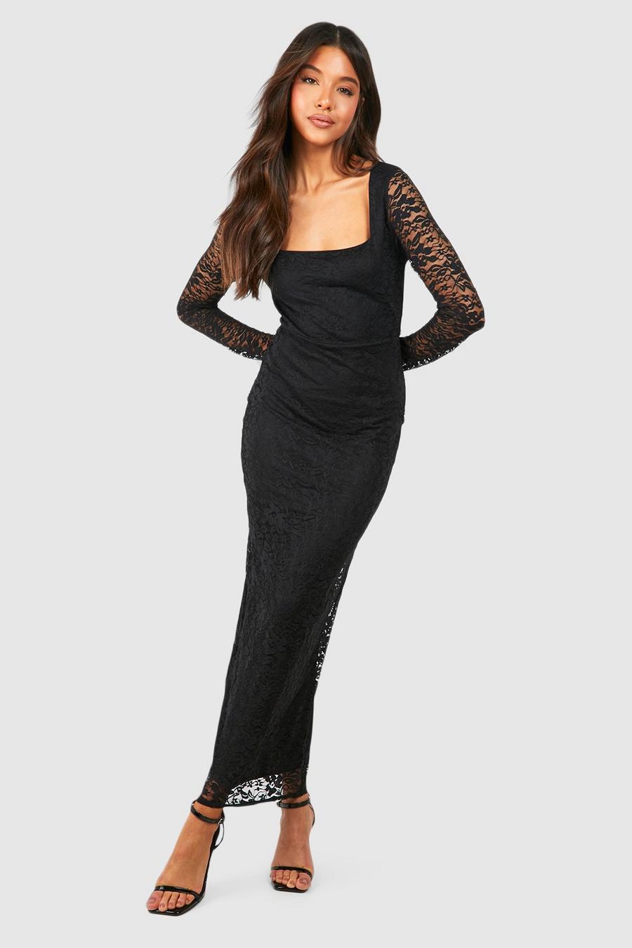 Robe longue en dentelle à col carré, Black