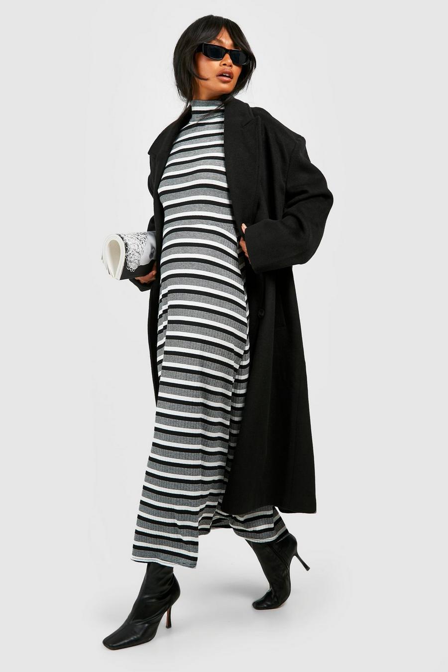 Grey Multi Stripe Turtleneck Midaxi Dress