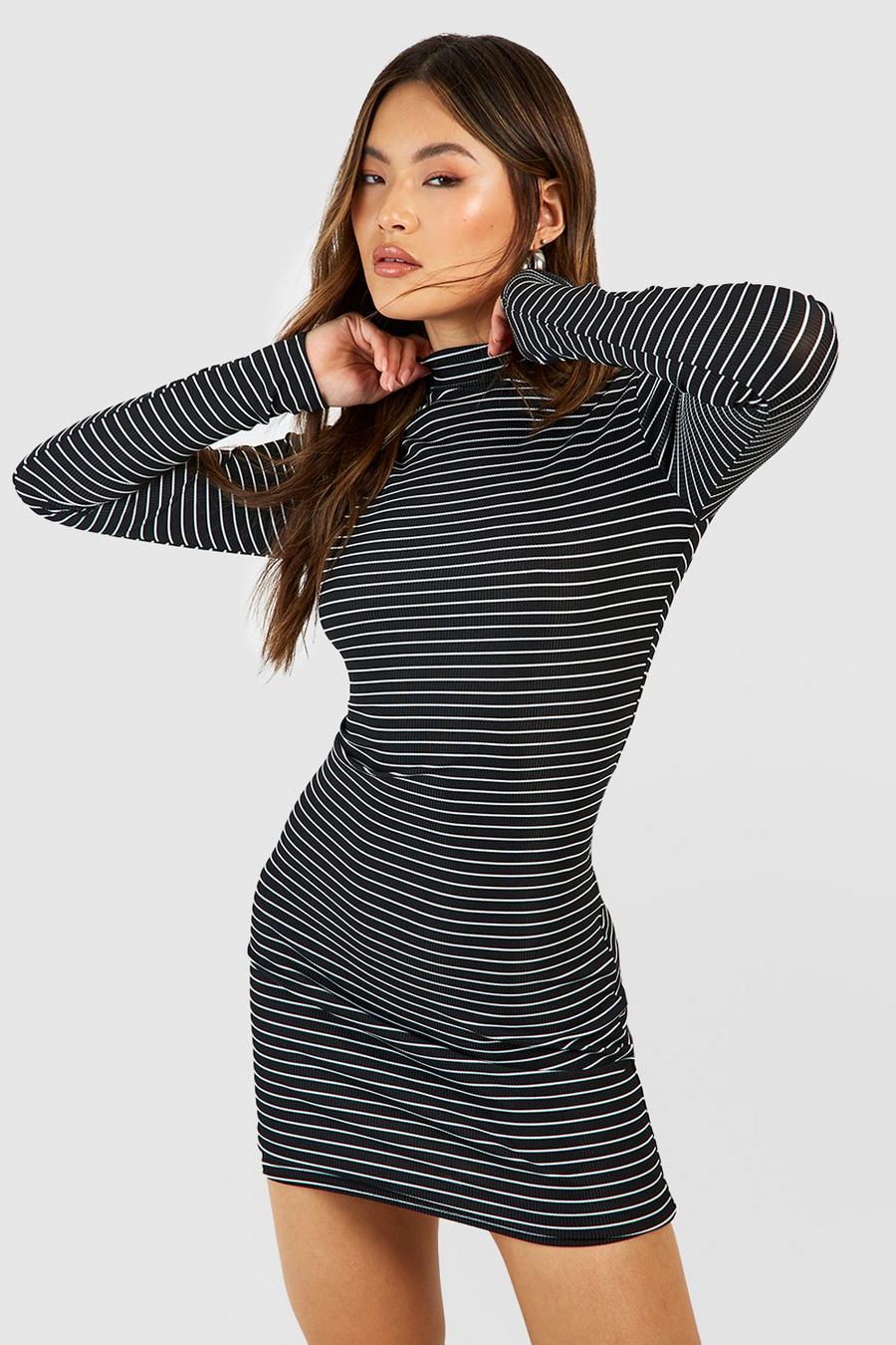 Black High Neck Stripe Mini Dress