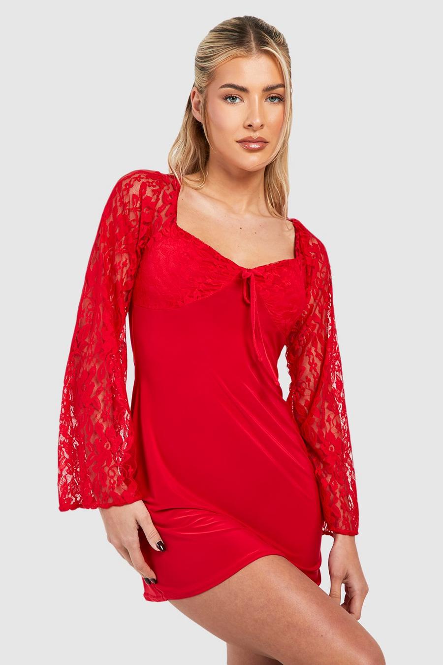 Red Lace Contrast Skater Dress