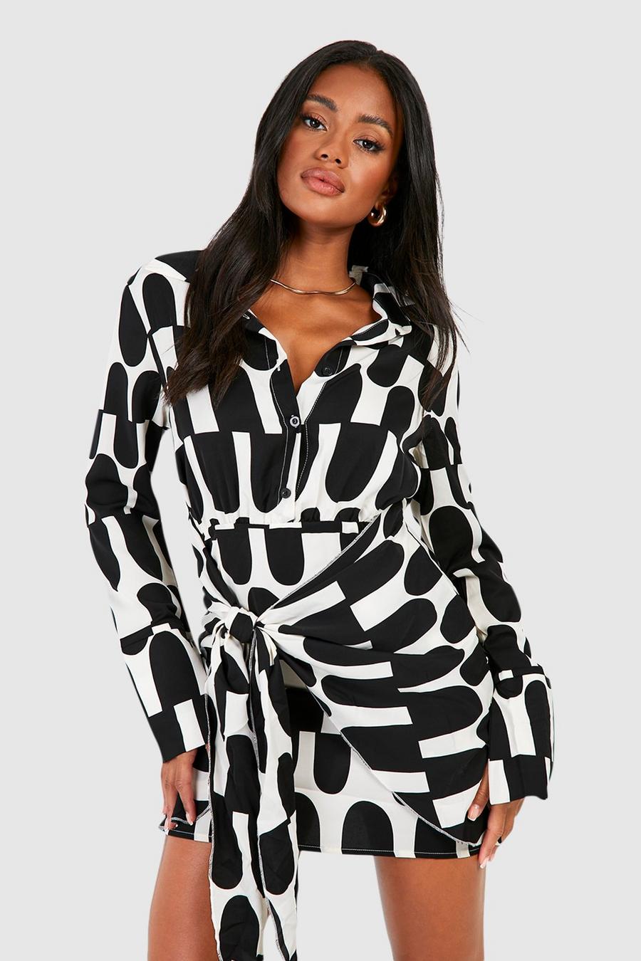 Black Abstract Tie Waist Shirt Dress image number 1