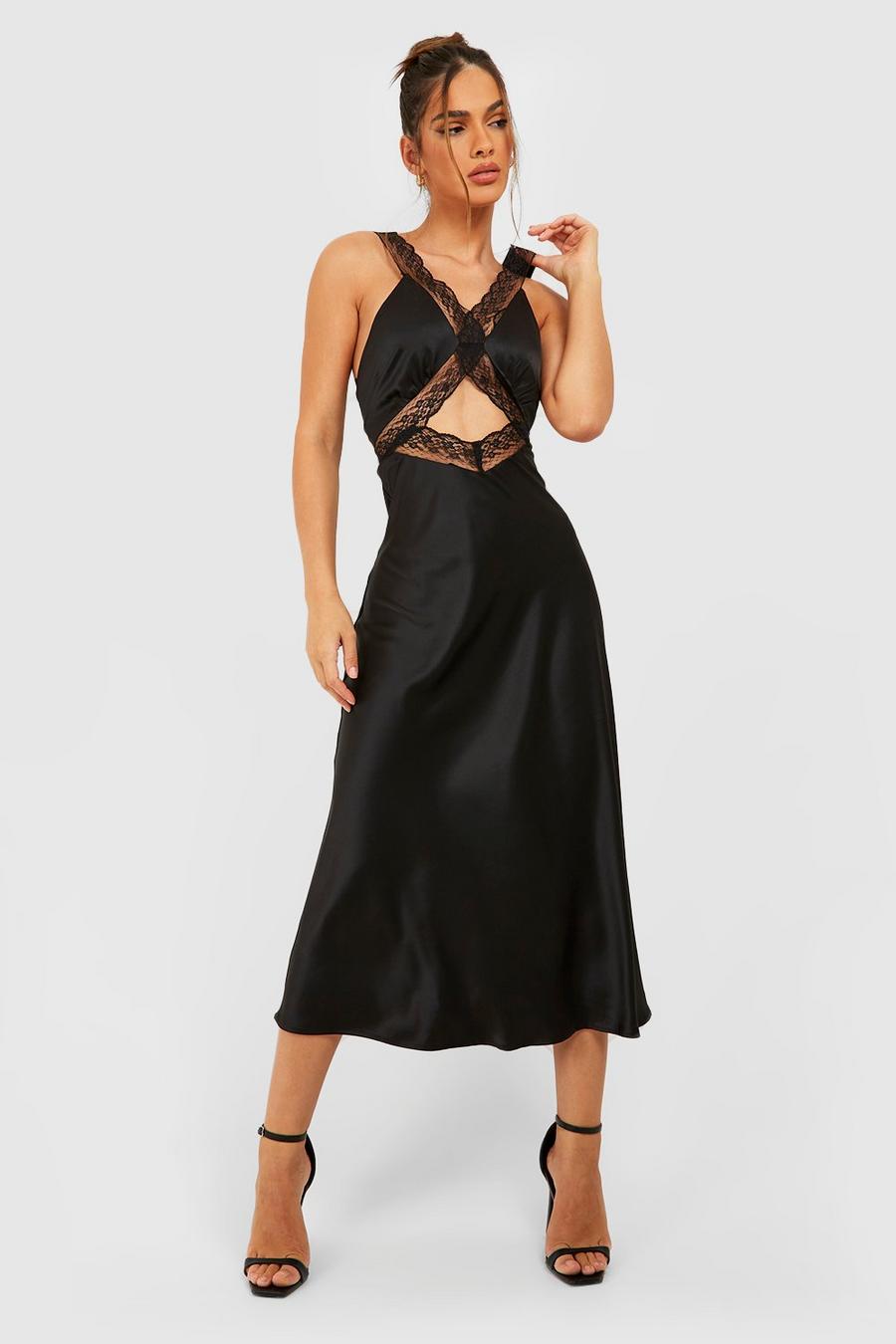 Black Satin Lace Cut-Out Midi Dress