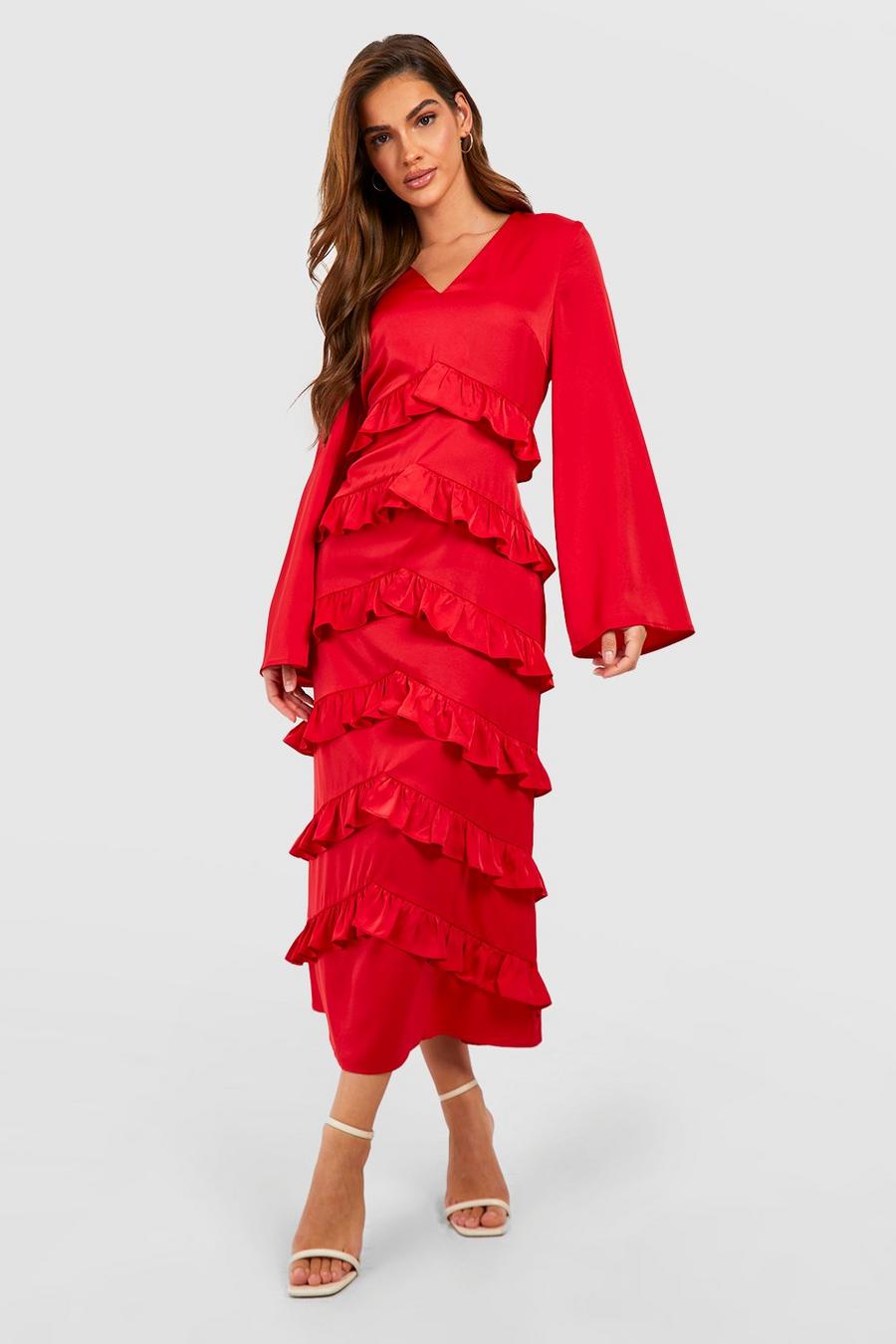 Red Chiffon Ruffle Tiered Midi Dress
