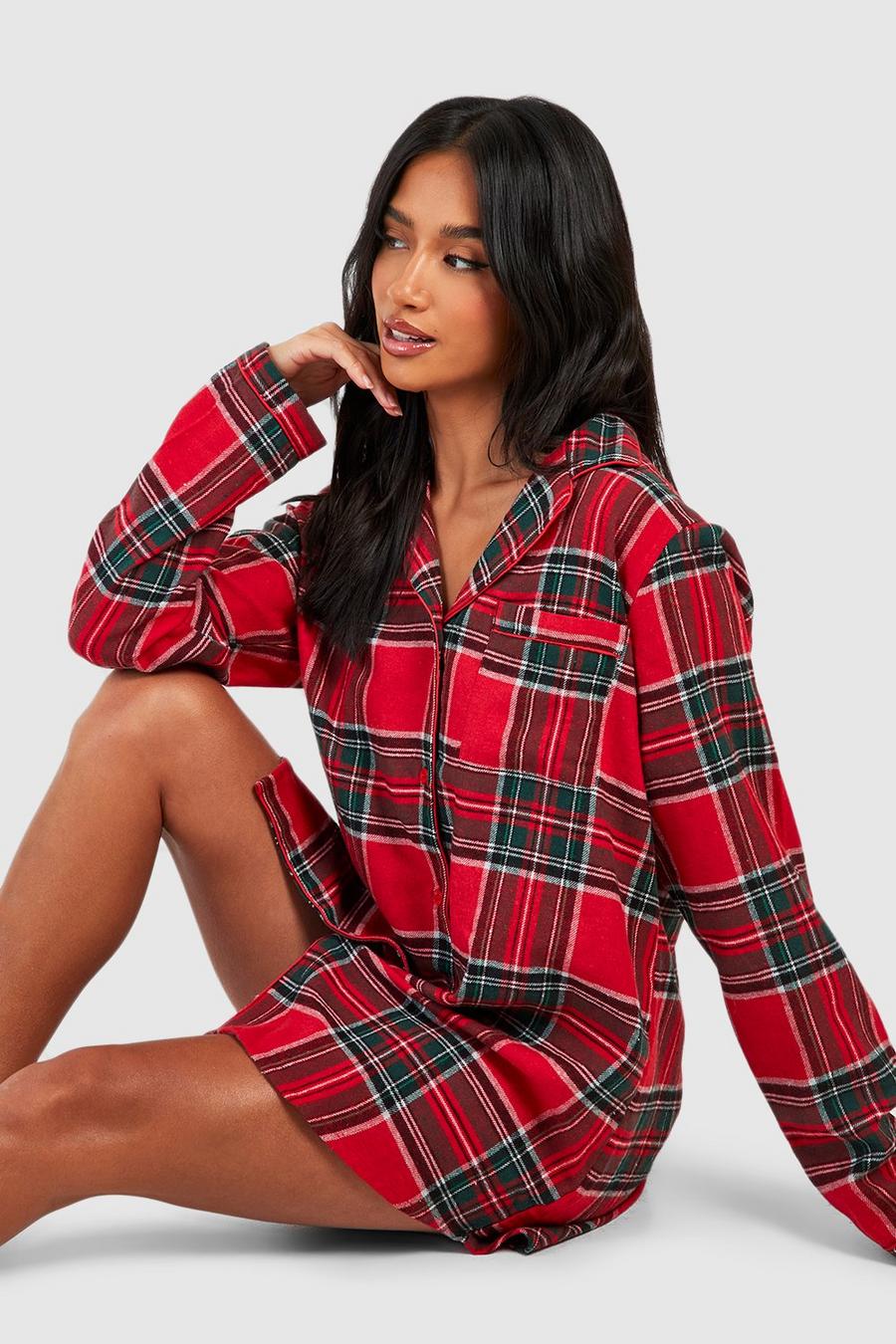 Red Petite Plaid Flannel Button Nightdress