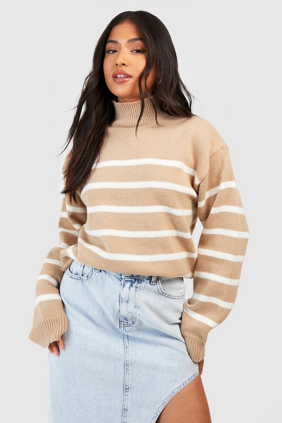 Taupe Petite Stripe Turtleneck Sweater image number 1