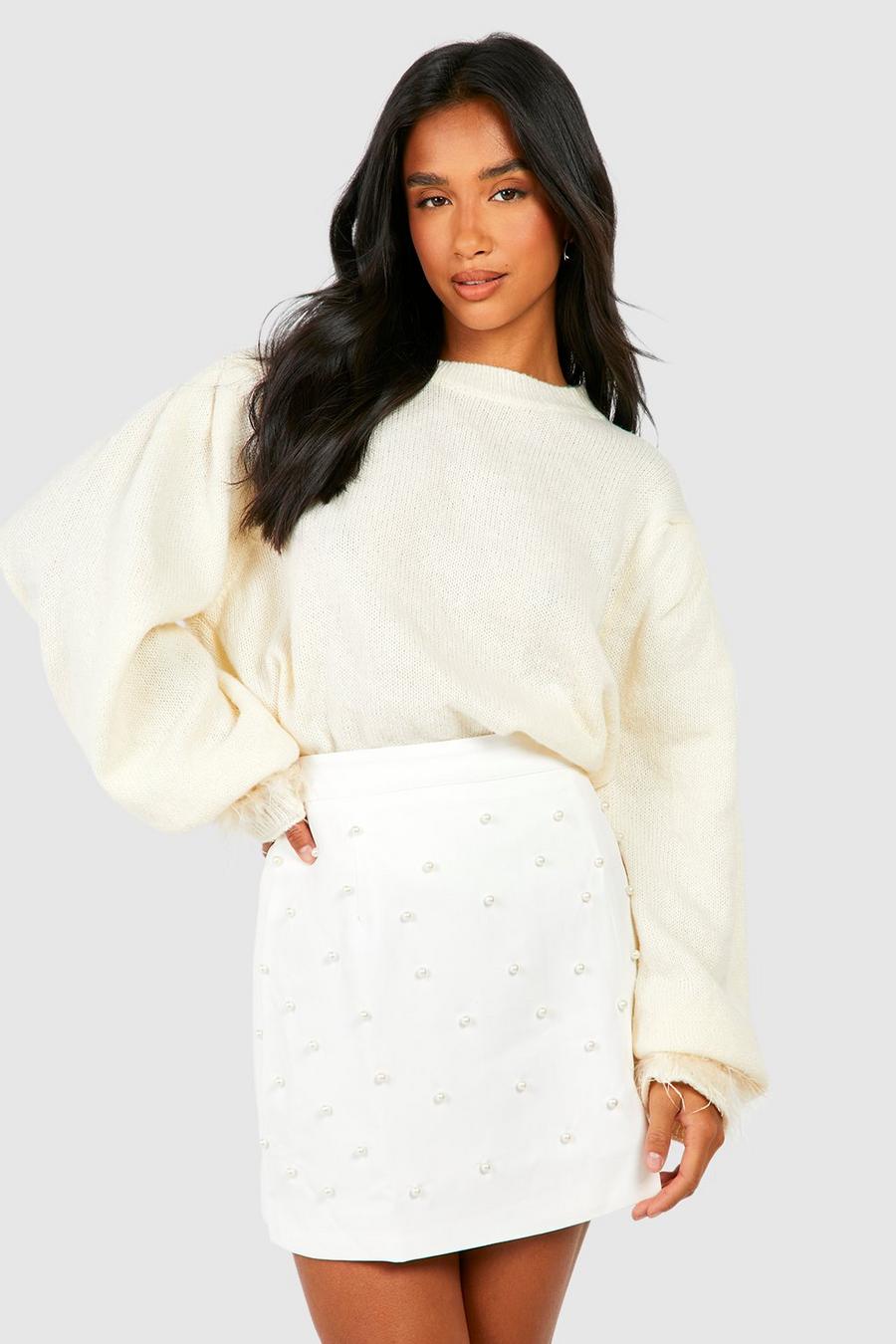 Cream Petite Feather Trim Sweater