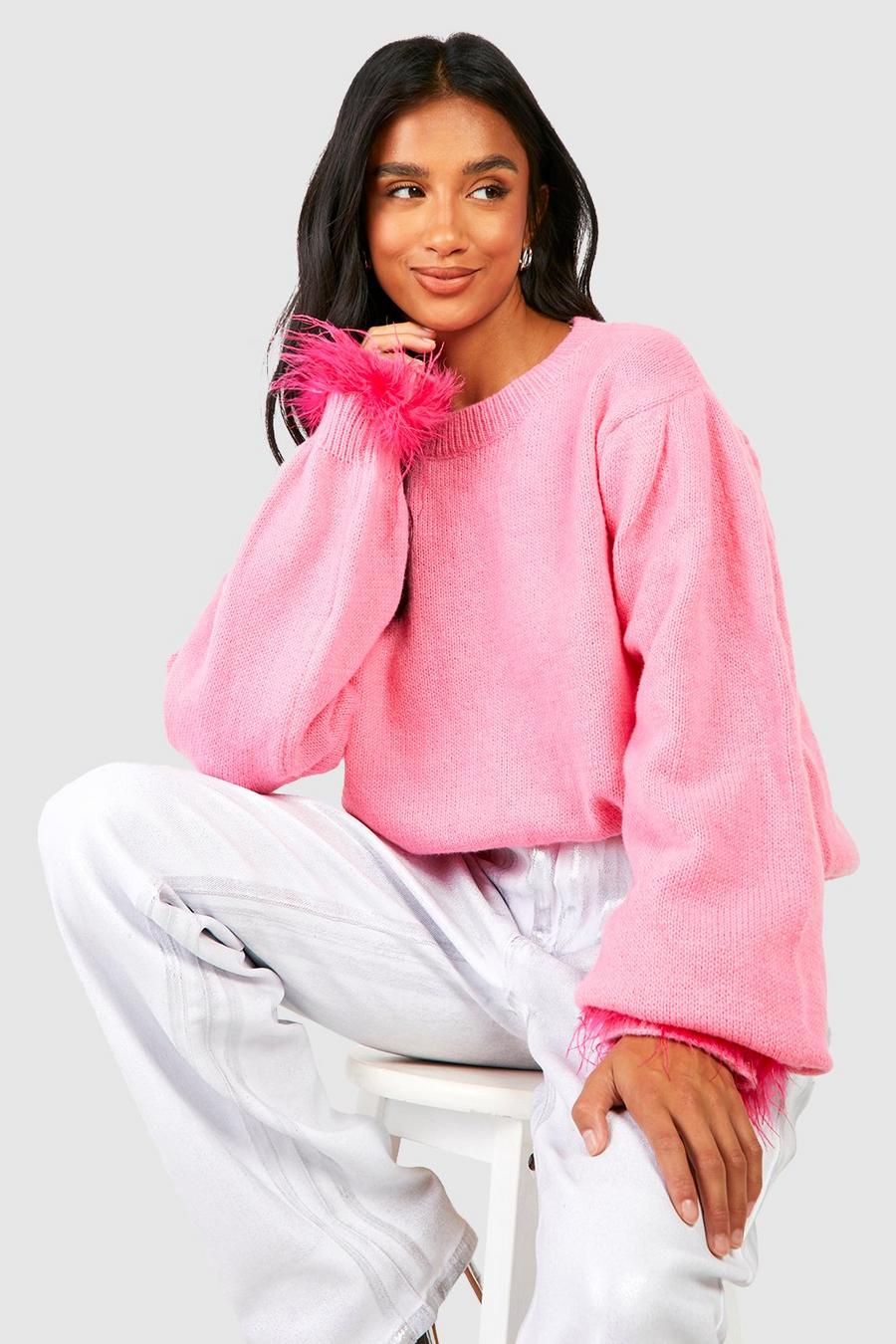 Pink Petite Feather Trim Sweater