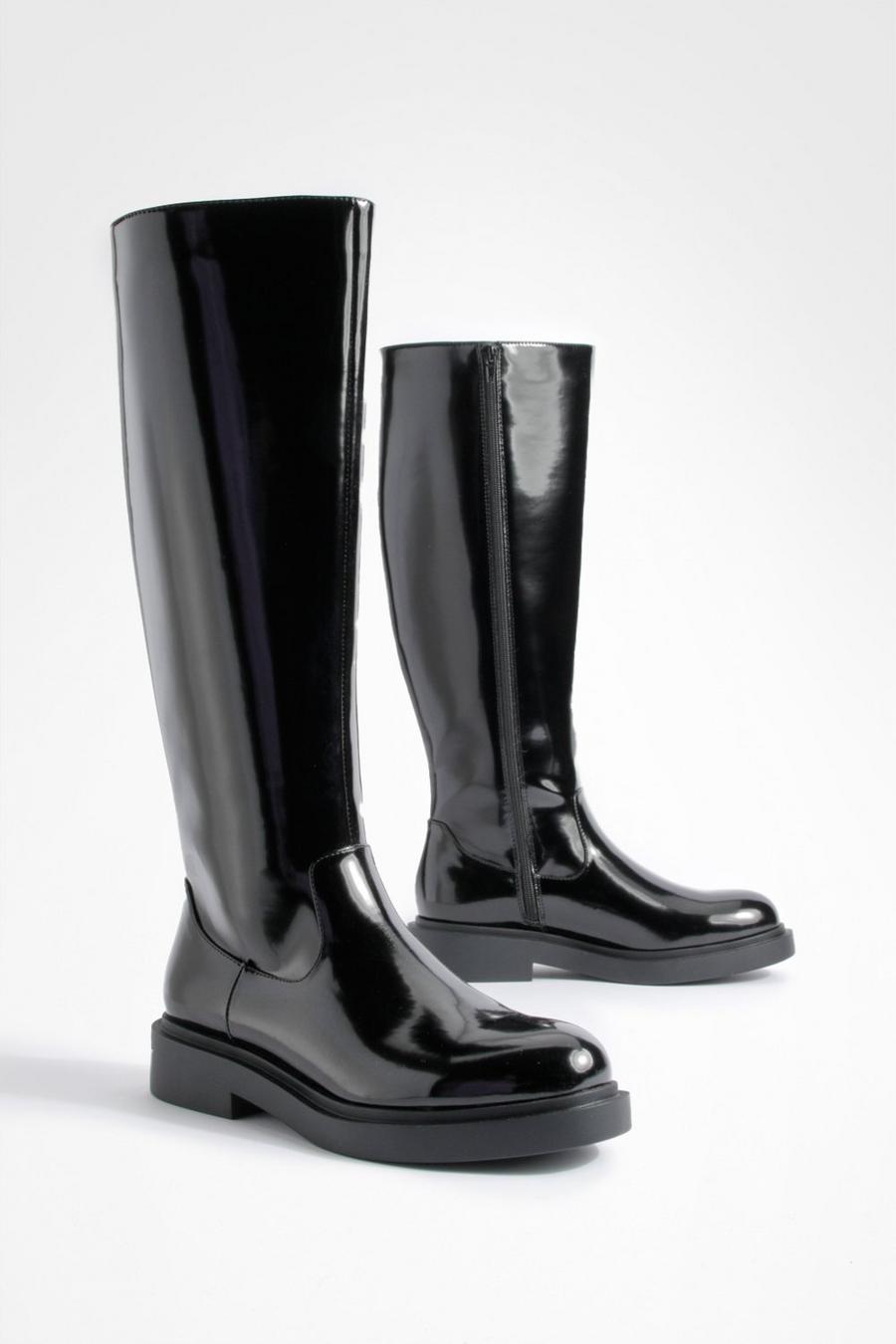 Botas de caña alta gruesas minimalistas de cuero sintético, Black