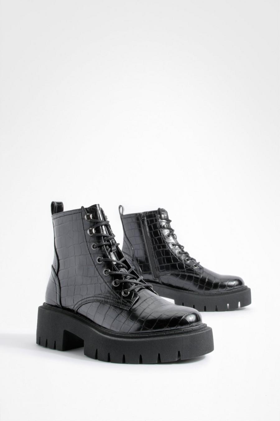 Black Tab Detail Chunky Lace Up Croc Combat Boots