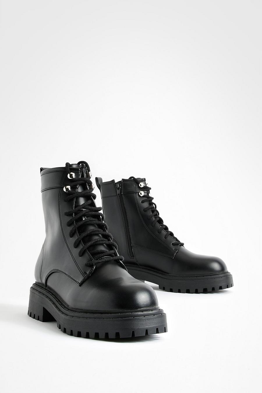 Black Wide Width Hook Detail Lace Up Combat Boots image number 1
