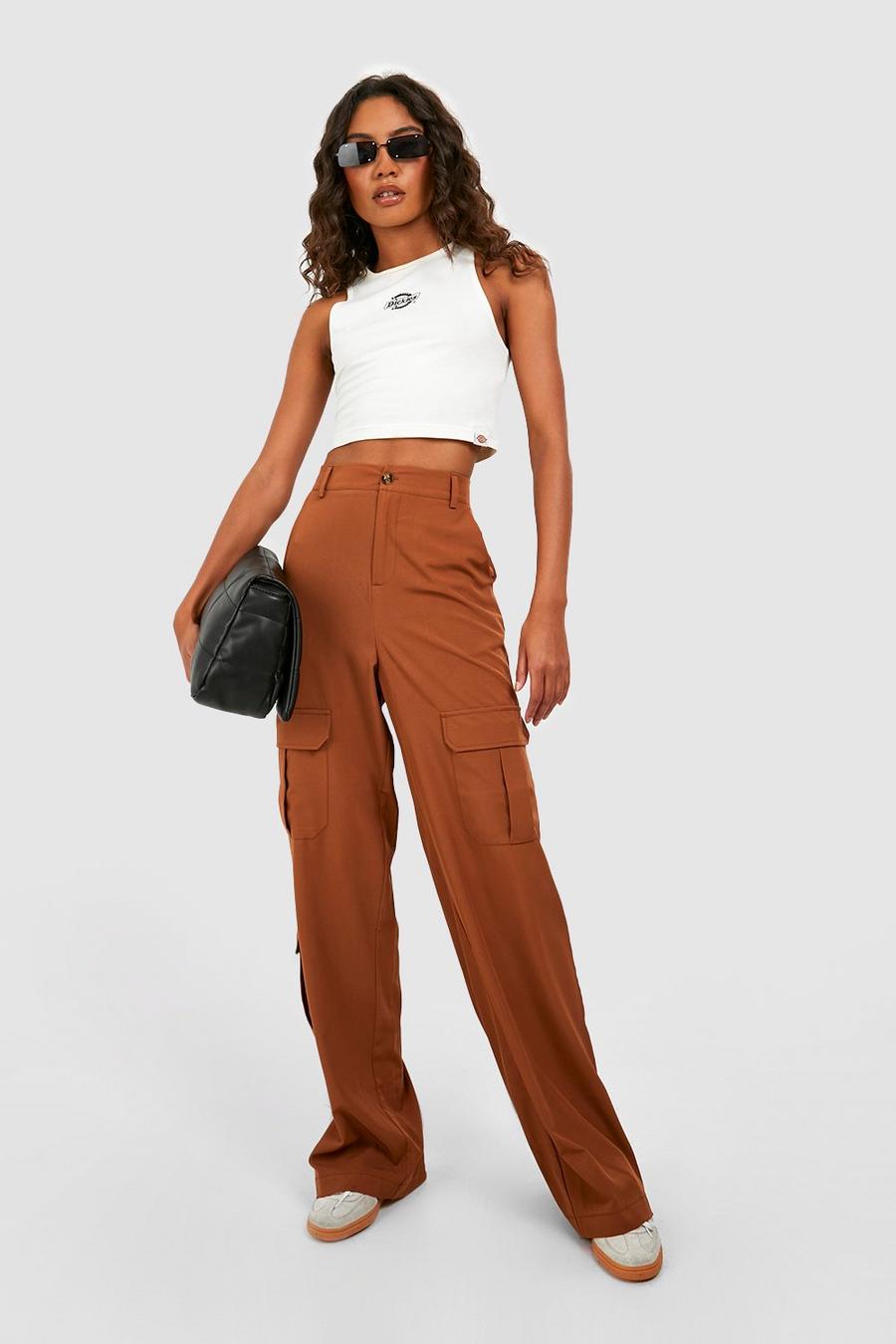 Chocolate Tall Pocket Detail High Waisted Wide Leg Cargo Trousers