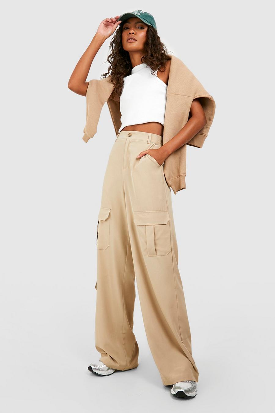 Stone Tall Pocket Detail High Waisted Wide Leg Cargo Trousers