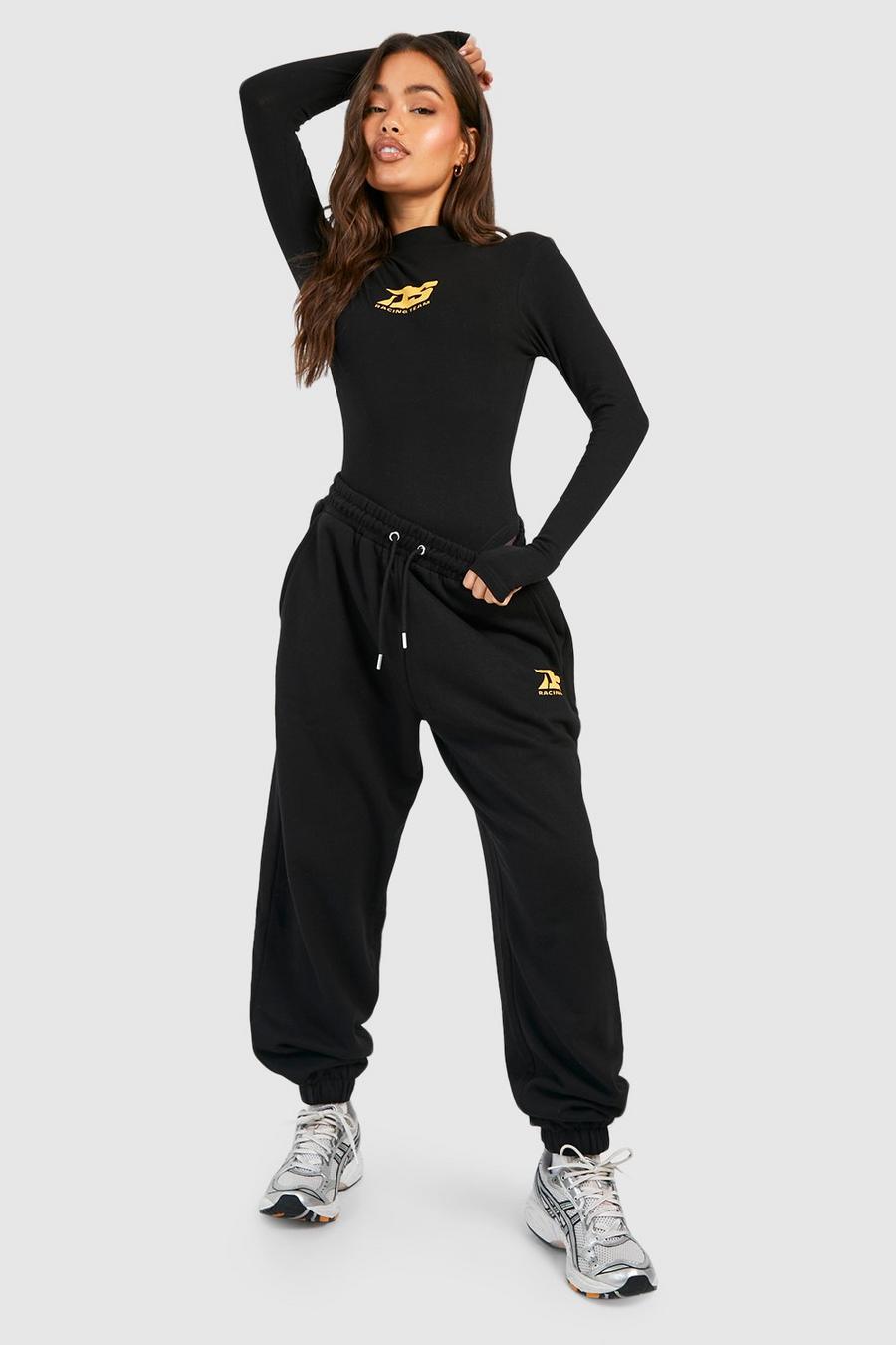 Black Motocross Ds Slogan Bodysuit And Track Pants Set