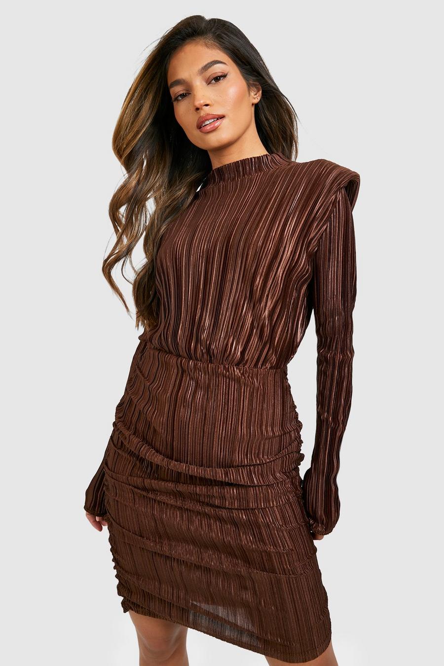 Chocolate High Neck Plisse Bodycon Dress image number 1
