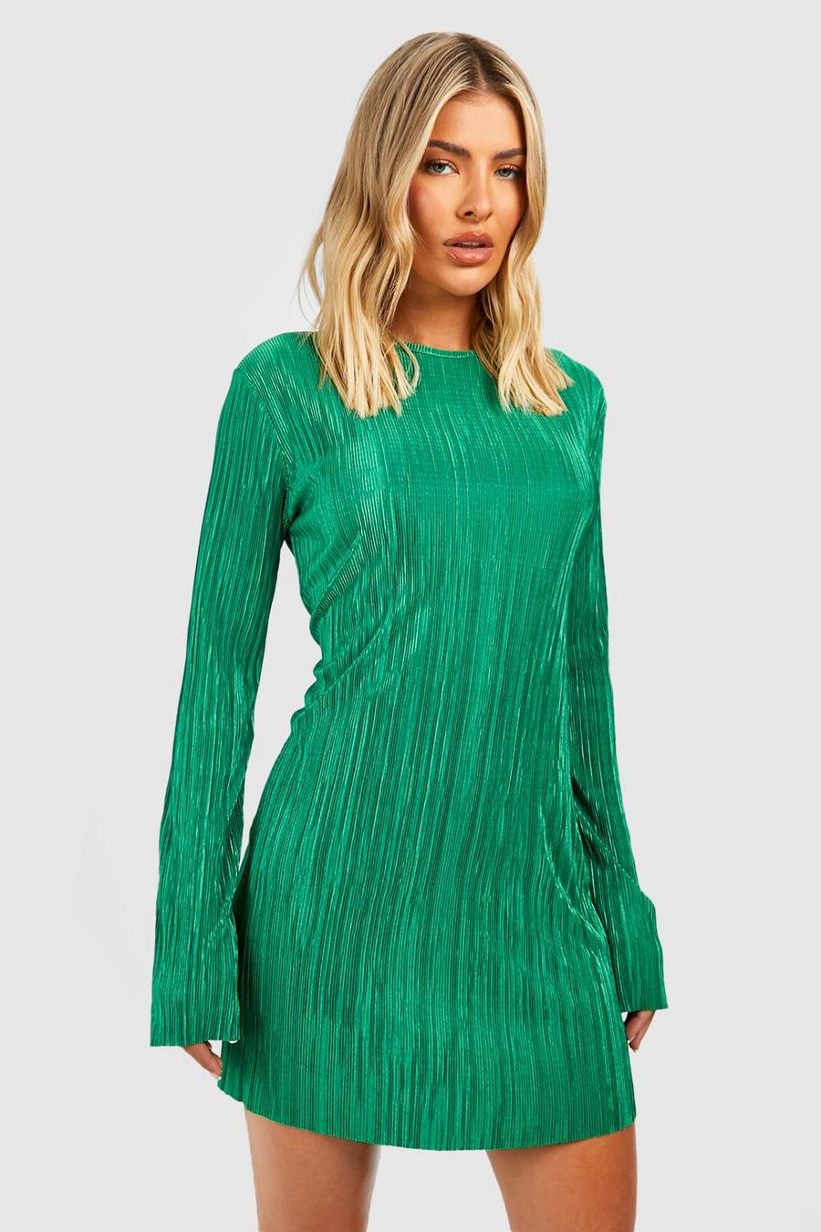 Emerald Plisse Column Shift Dress