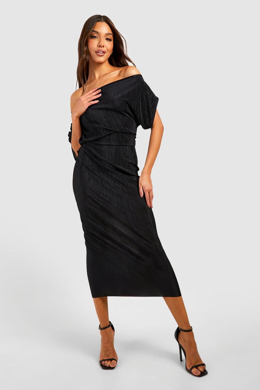 Black Off The Shoulder Plisse Midi Dress
