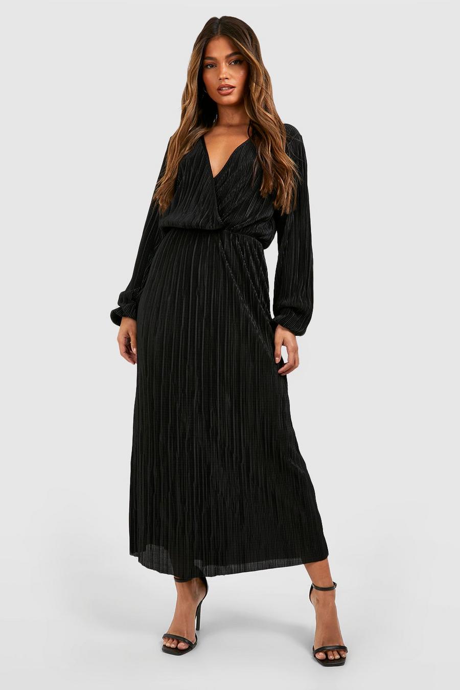 Black Plisse Wrap Front Midi Dress