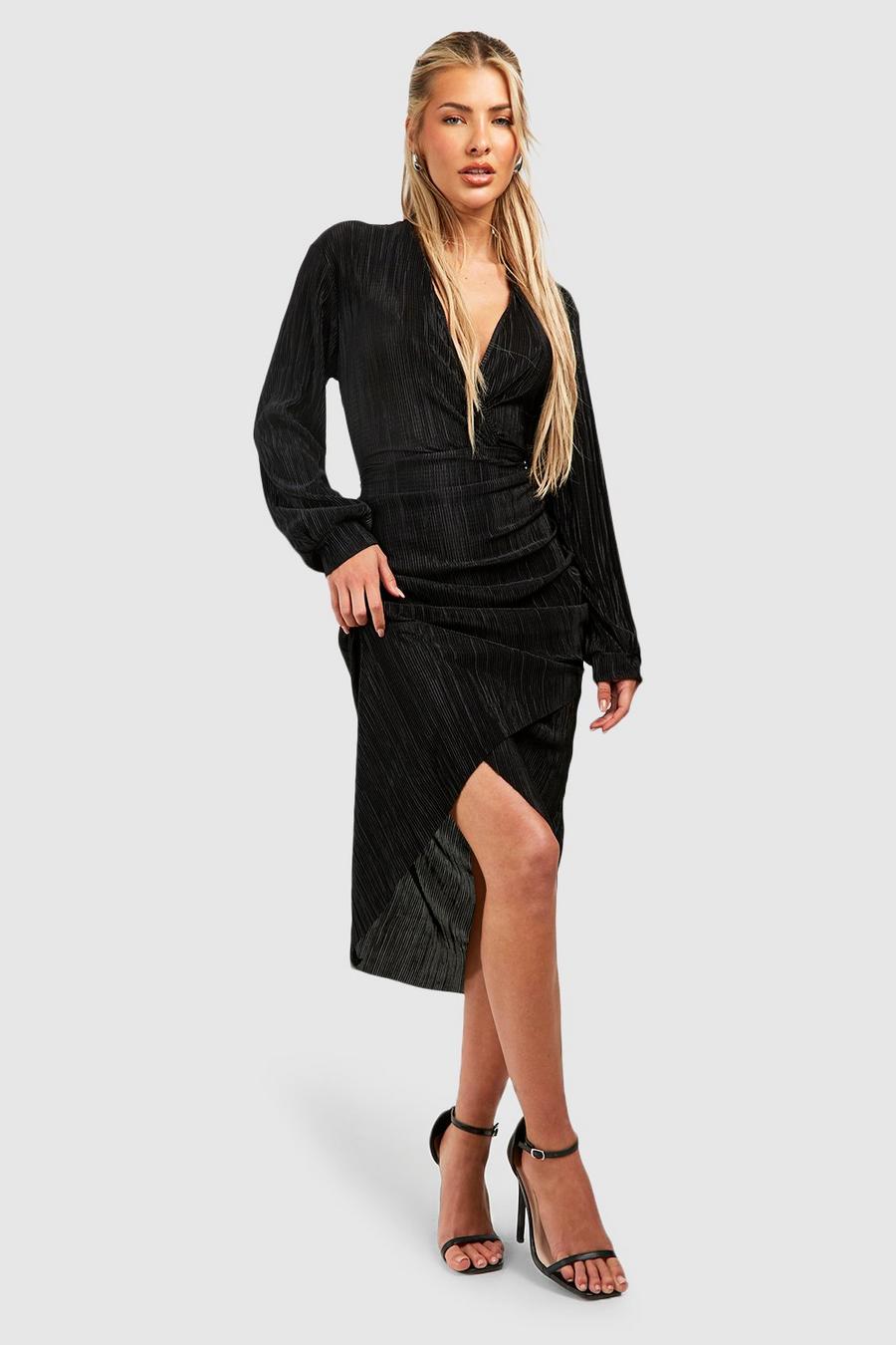 Black Plisse Wrap Midi Dress