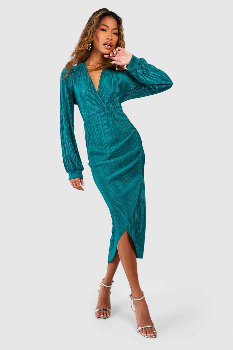 Emerald Plisse Wrap Midi Dress