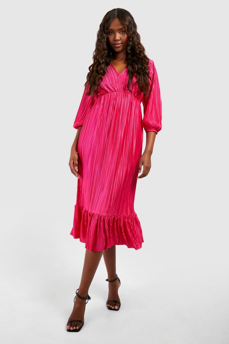 Hot pink Plisse Puff Sleeve Frill Midi Dress
