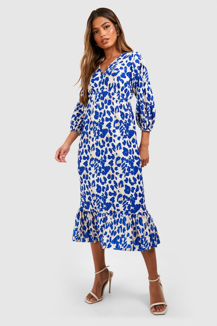 Blue Leopard Plisse Puff Sleeve Frill Midi Dress image number 1