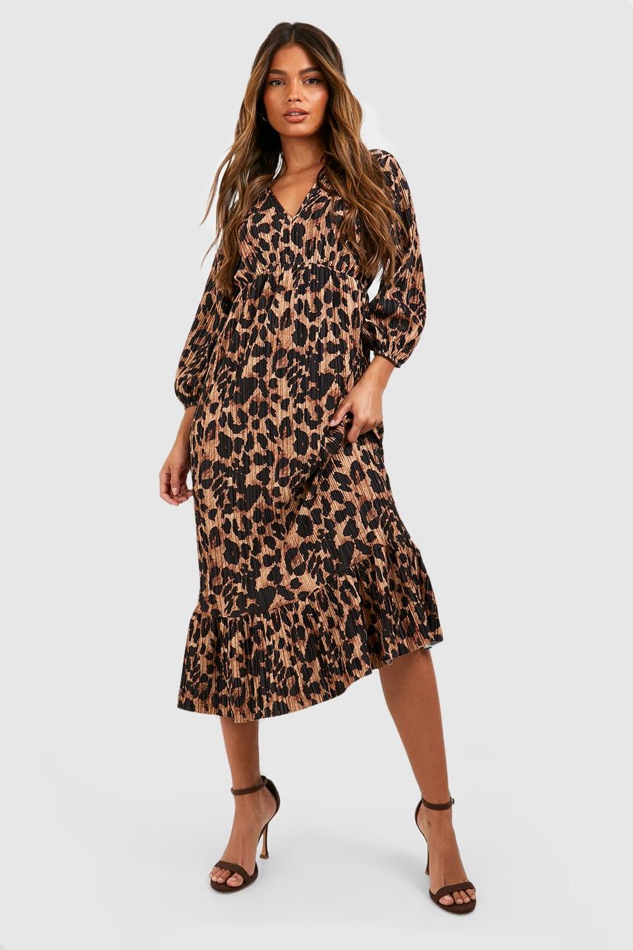 Vestido midi plisado con mangas abullonadas y estampado de leopardo, Brown