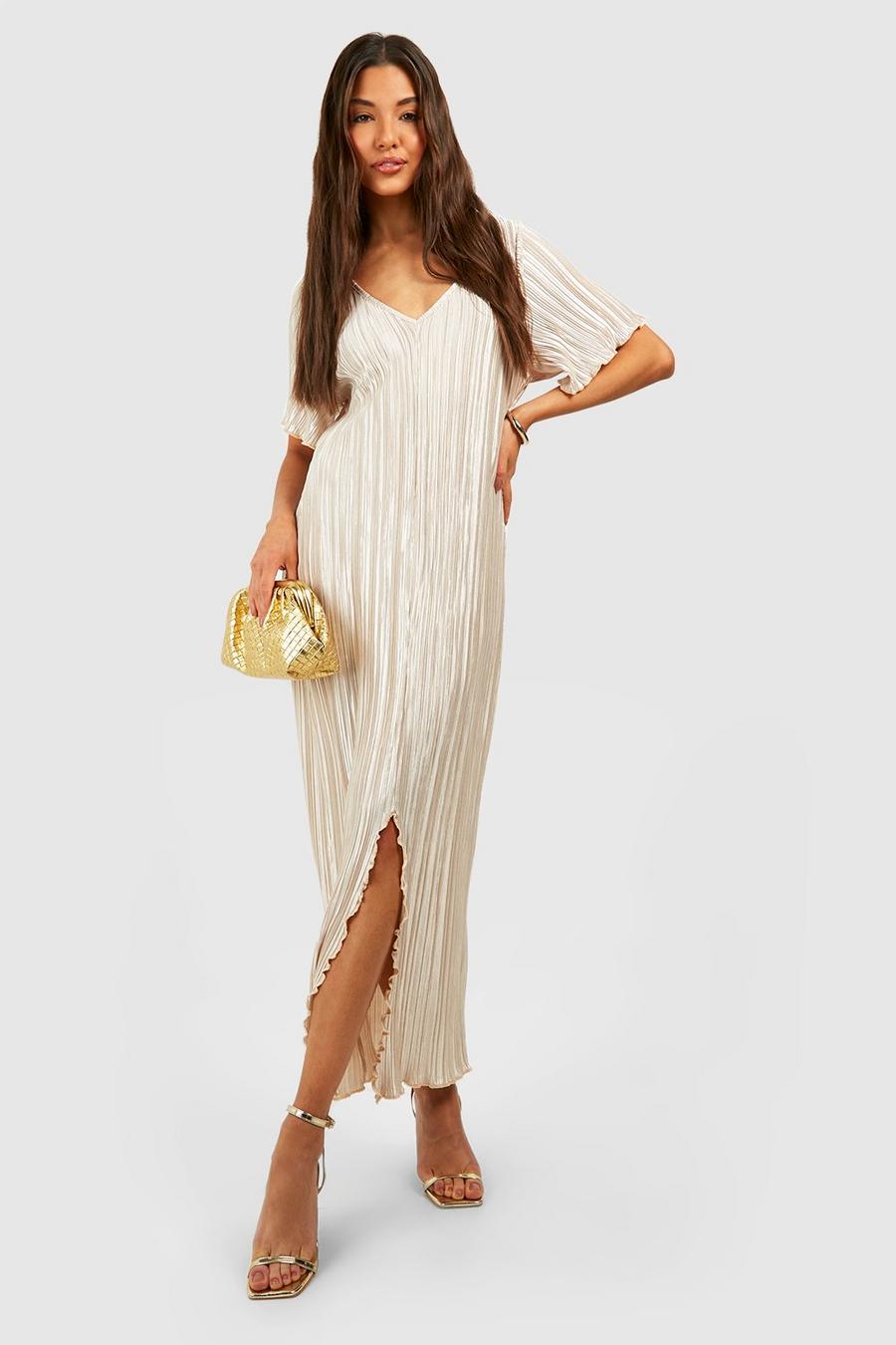 Champagne Plisse Midi Dress