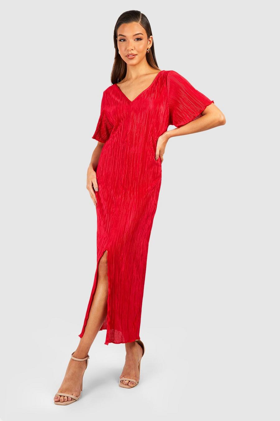 Red Plisse Midi Dress