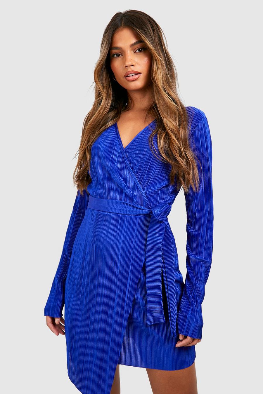 Robe portefeuille courte plissée, Cobalt