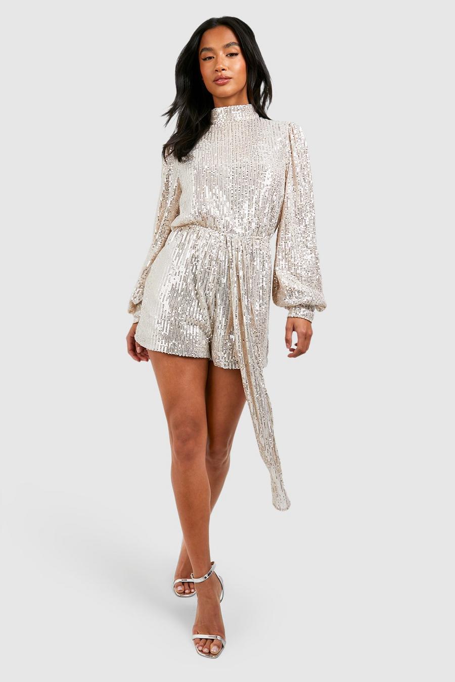 Petite hochgeschlossener Pailletten-Playsuit mit Volumenärmeln, Silver