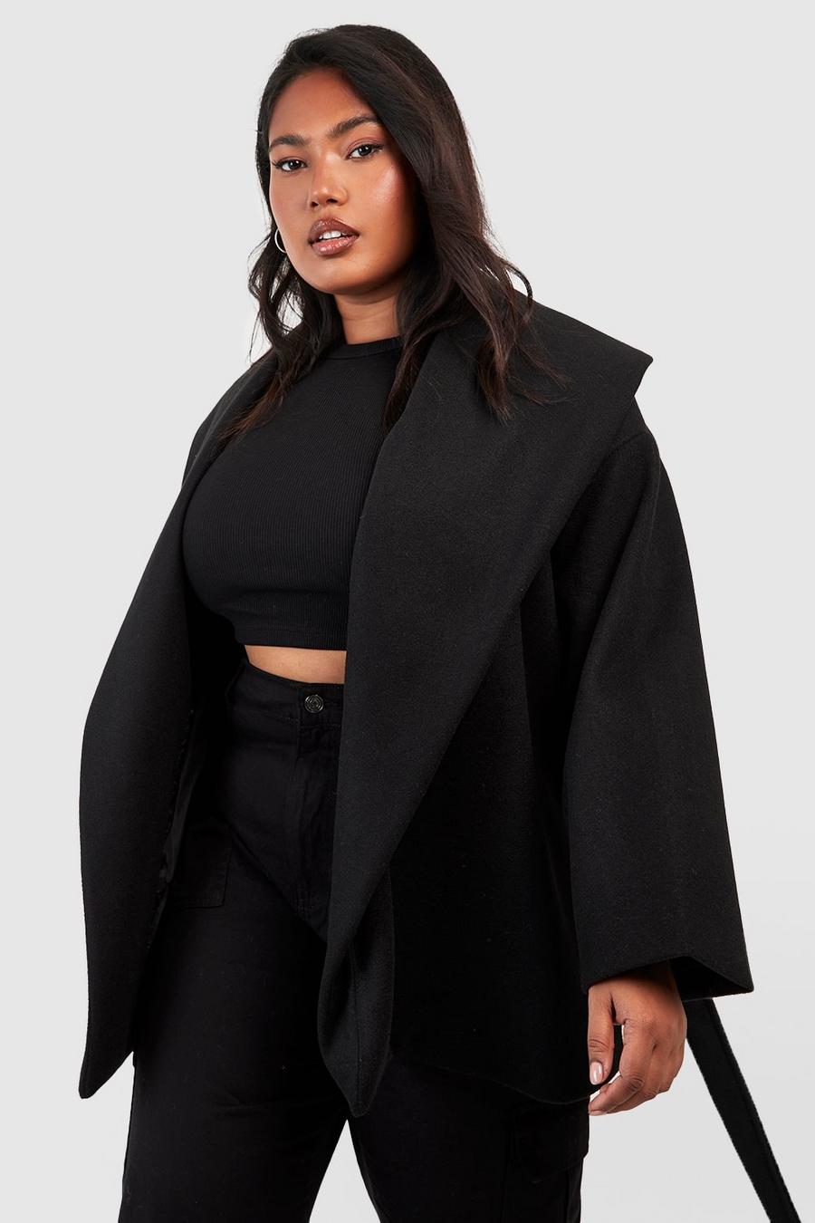 Black Plus Wool Look Oversized Collar Belted Jacket