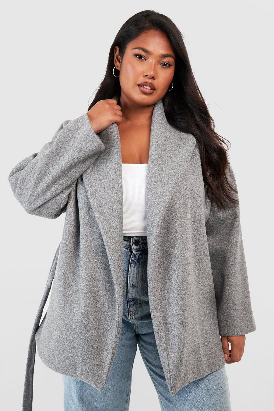 Grey Plus Wool Look Oversized Collar Belted Jacket