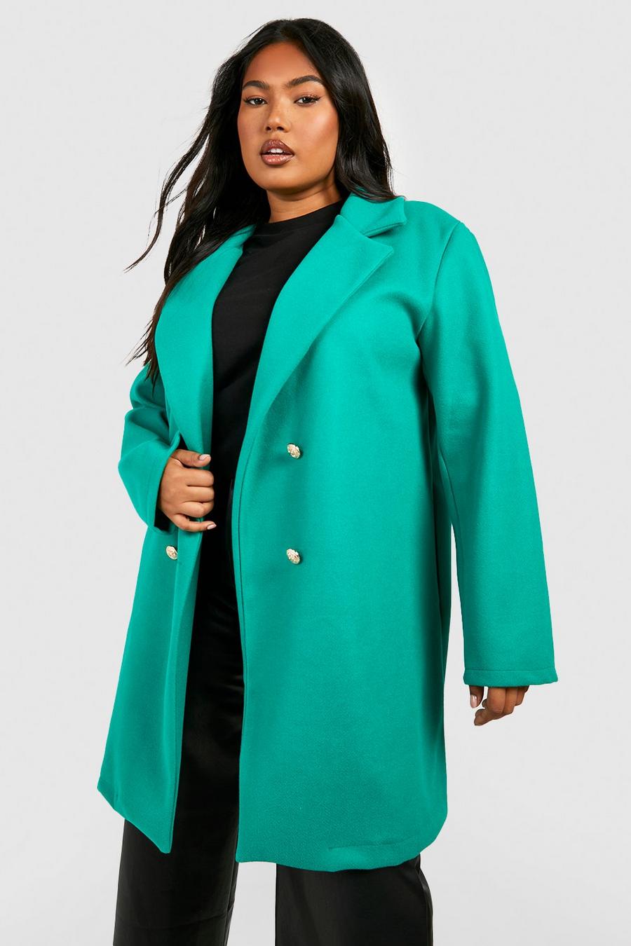 Cappotto Plus Size a doppiopetto effetto lana con bottoni, Green
