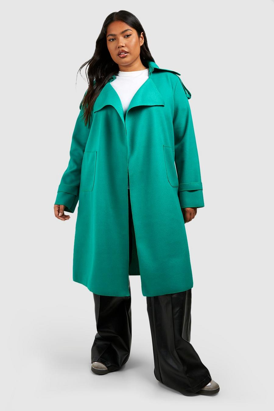 Cappotto Plus Size a cascata effetto lana con dettagli Trench, Green