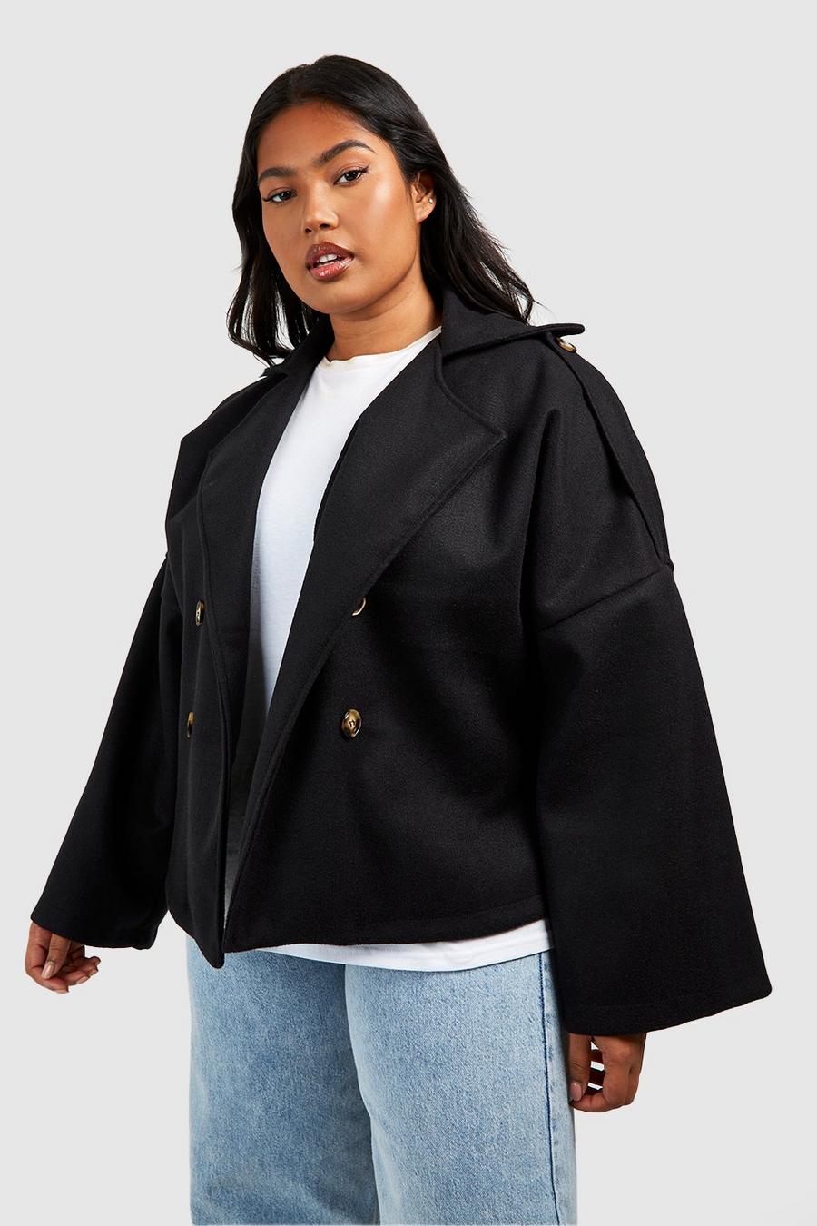 Black Plus Wool Look Short Trench Coat 