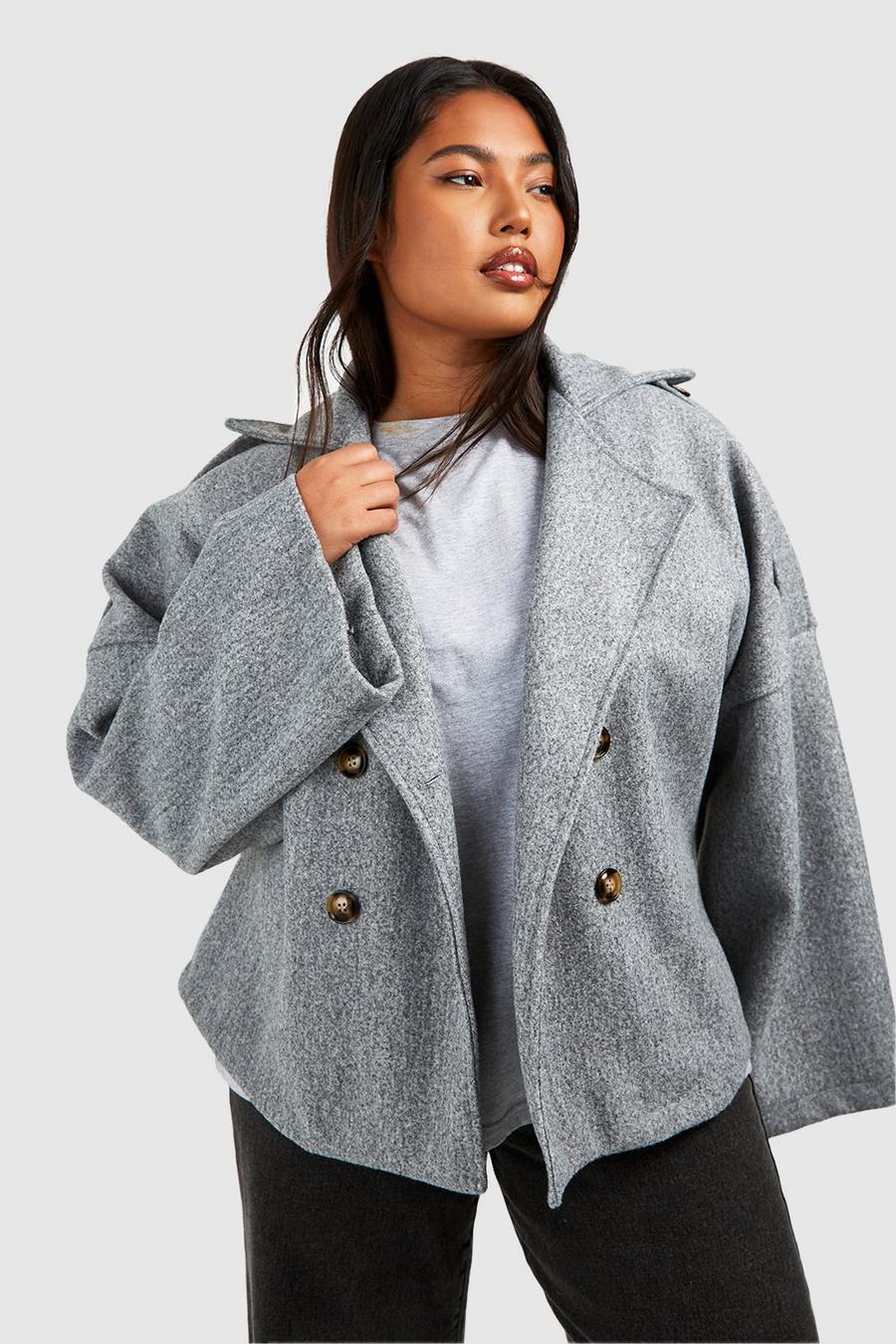 Grey Plus Wool Look Short Trench Coat 