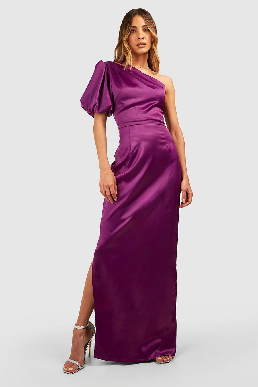Vestito maxi in raso a colonna con maniche a sbuffo, Jewel purple