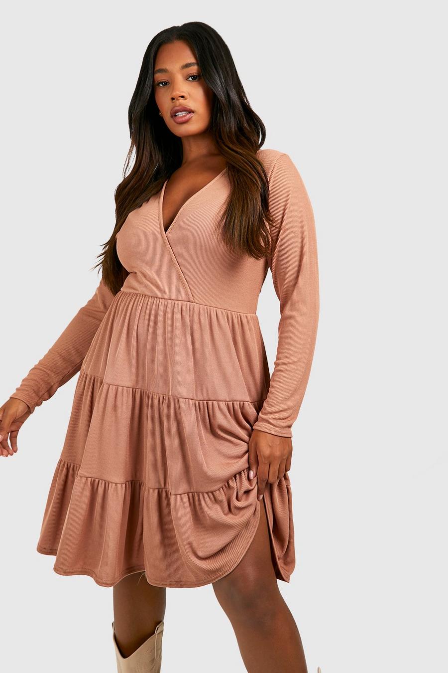 Camel Plus Rib Long Sleeve Tiered Smock Dress