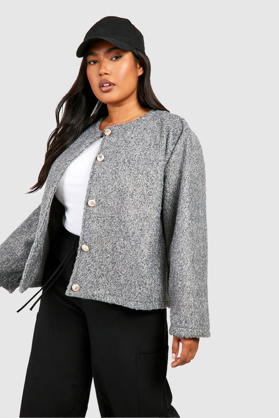 Grey Plus Collarless Textured Jacket image number 1