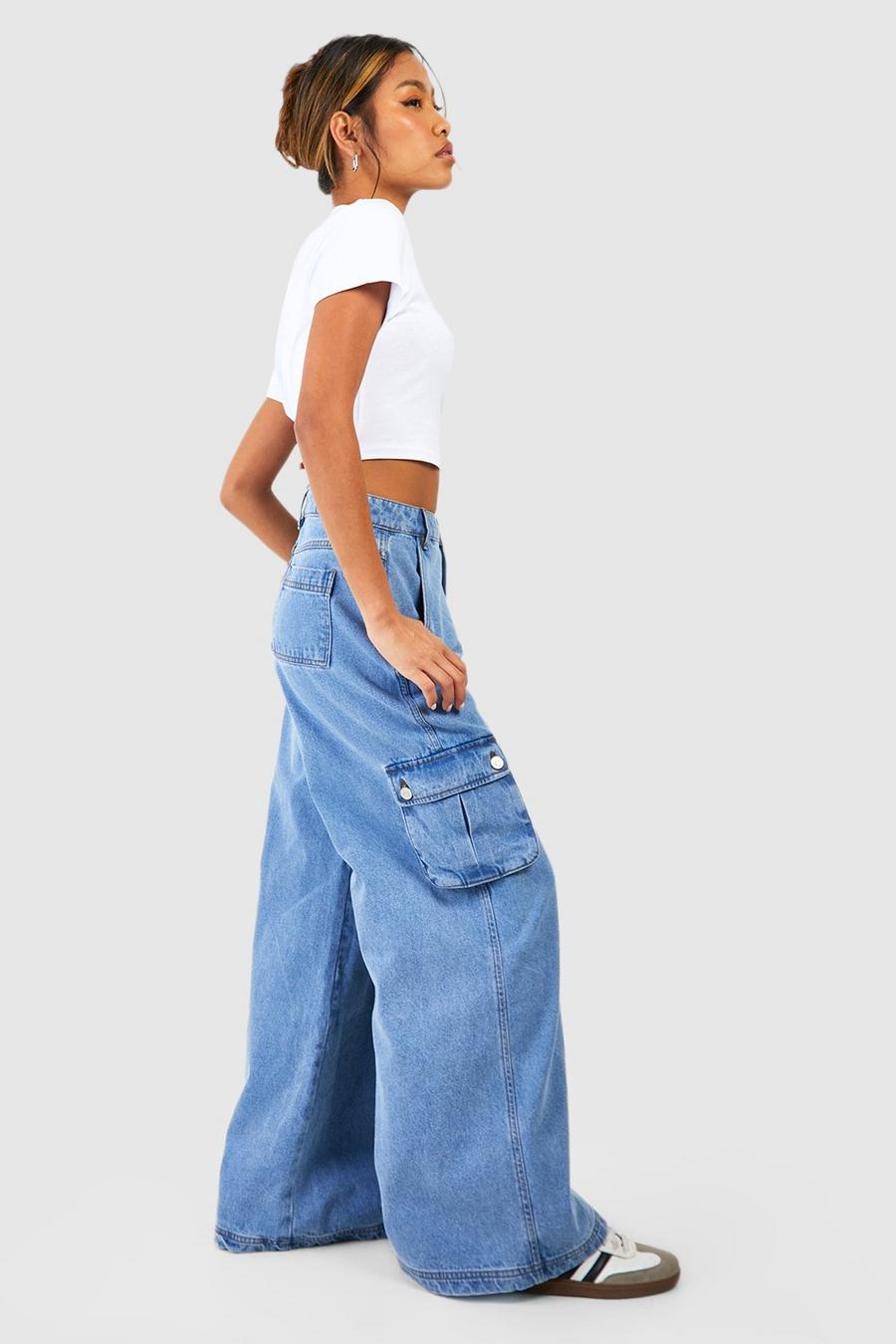 Jeans mit weitem Bein und Cargo-Taschen, Mid blue