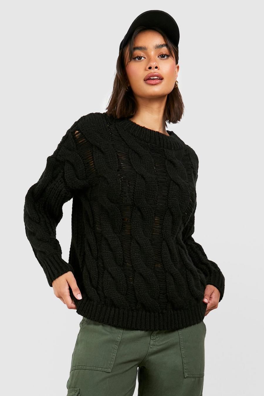 Black Marl Distressed Cable Oversized Jumper