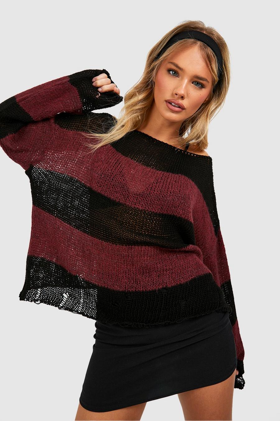 Berry Soft Knit Distressed Slouchy Stripe Sweater